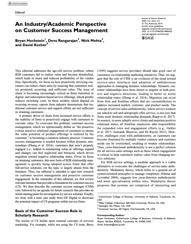 An Academic Perspective on Customer Success Management