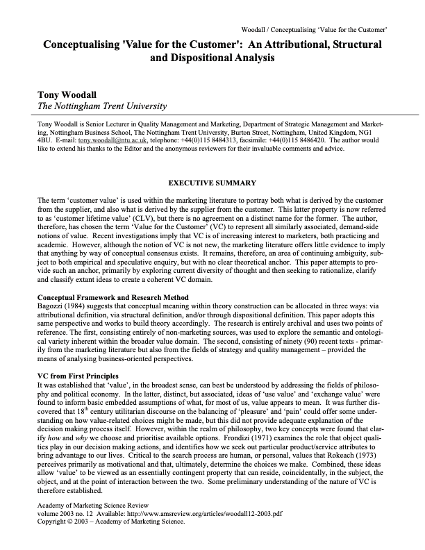 Conceptualising 'Value for the Customer': An Attributional, Structural and Dispositional Analysis